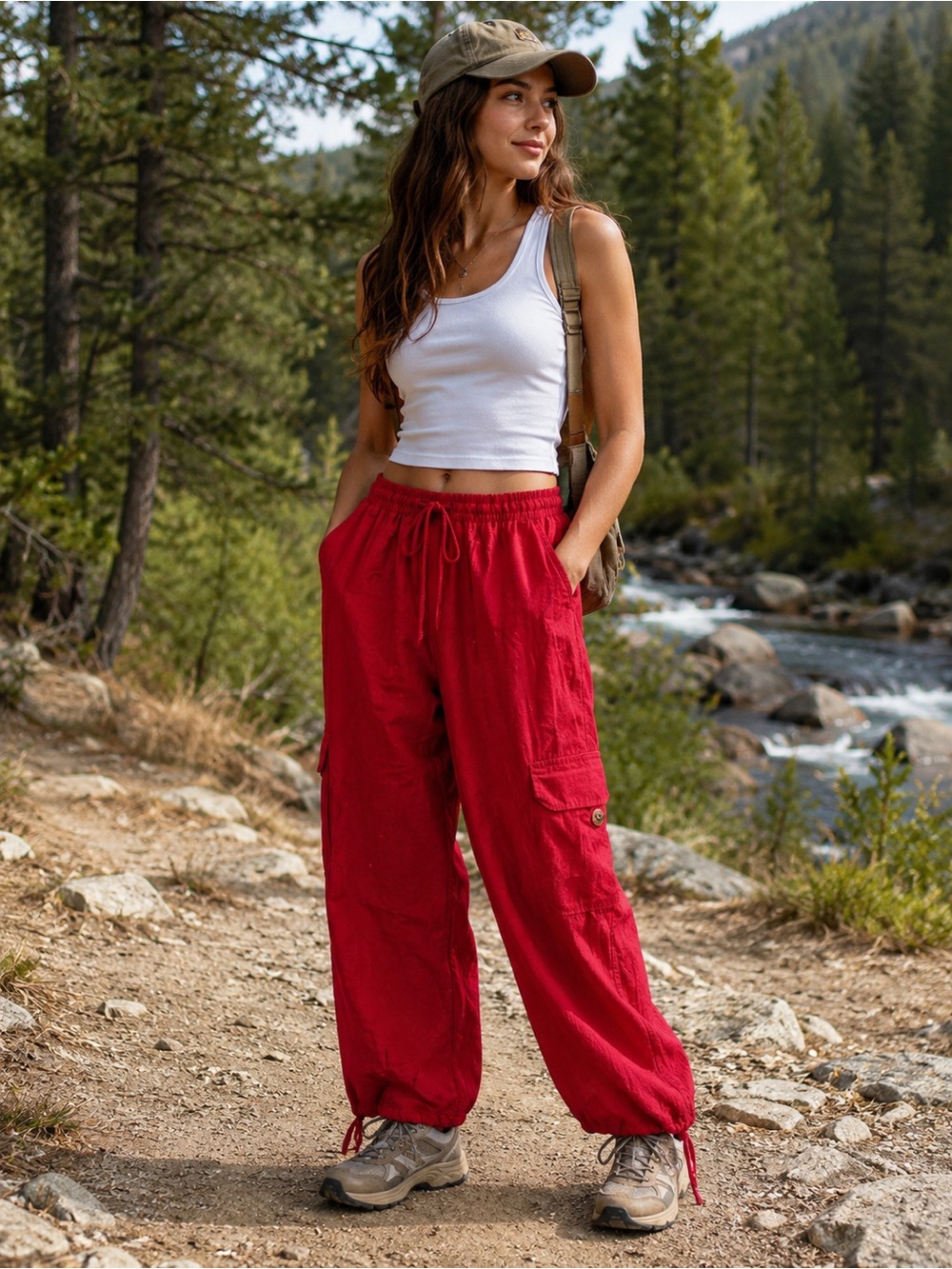 Red Cargo Pants Small Red Cotton Parachute Jogger Drawstring Hem Peru Casual